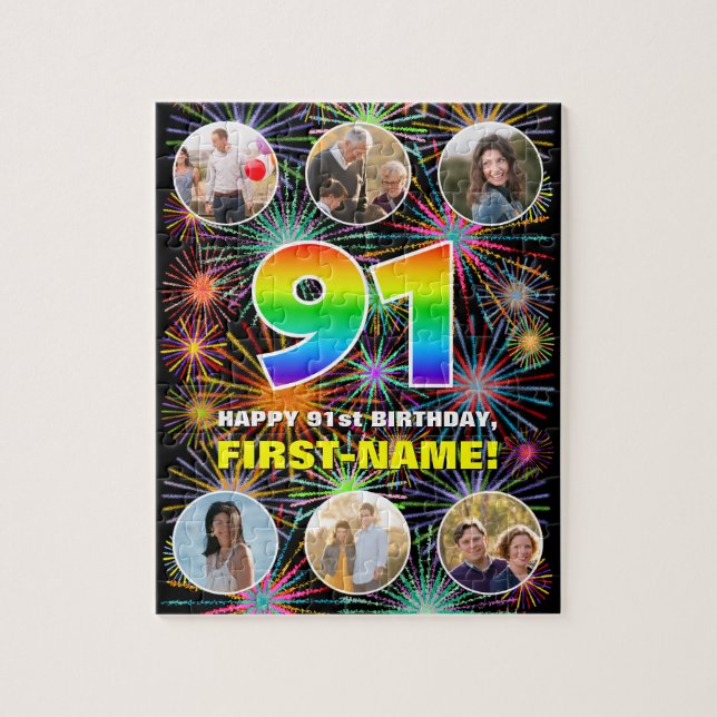 91st Birthday: Fun Rainbow #, Custom Name + Photos Jigsaw Puzzle (Vertical)