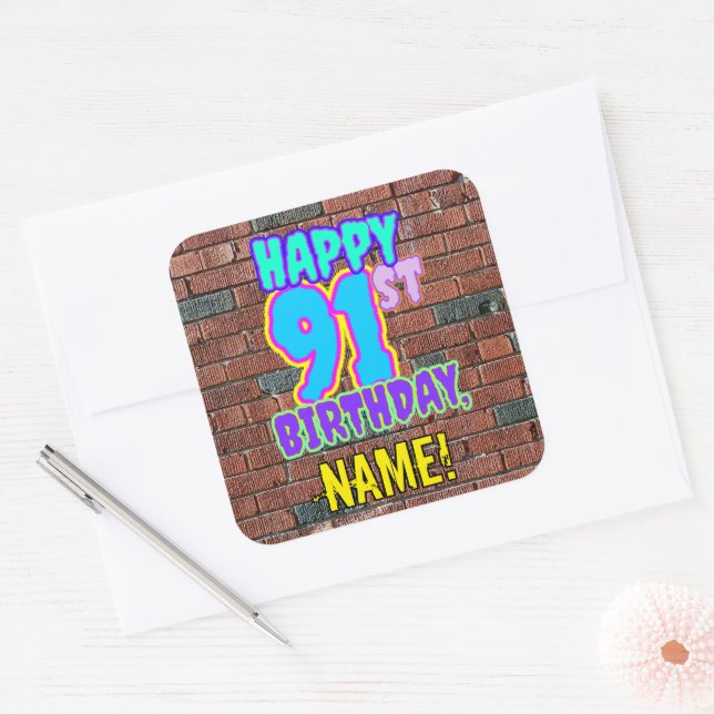 91st Birthday – Fun, Urban Graffiti Inspired Look Square Sticker (Envelope)