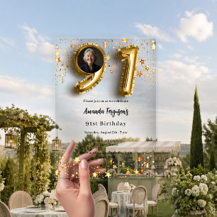91st birthday gold photo stars clear acrylic invitations