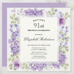 91st Birthday Invitation Elegant Purple Flowers