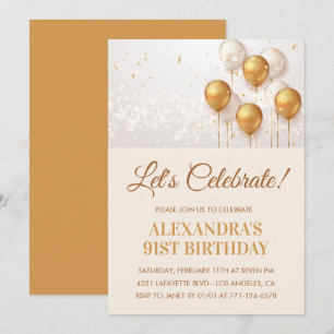 91st birthday invitations Balloons Gold
