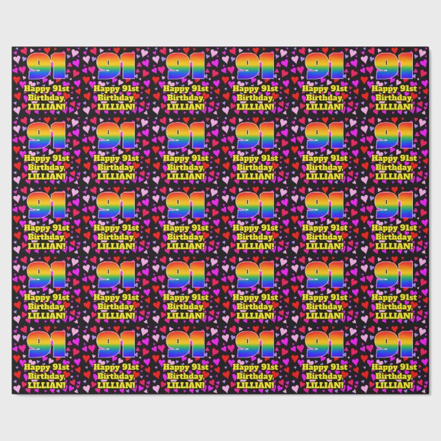 91st Birthday: Loving Hearts Pattern, Rainbow # 91 Wrapping Paper (Seam)