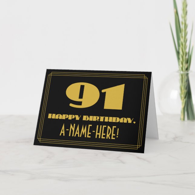 91st Birthday: Name + Art Deco Inspired Look "91" Card (Front)