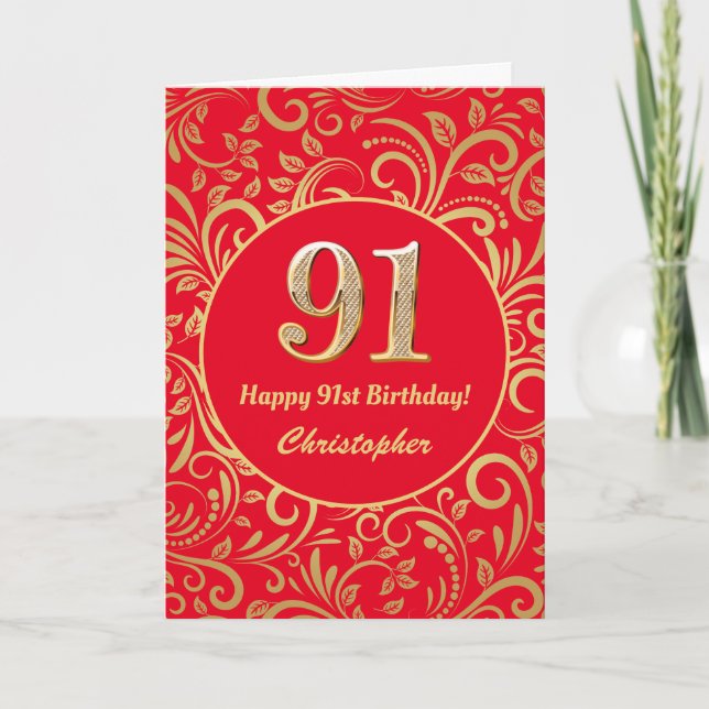 91st Birthday Navy Red and Gold Floral Pattern Card (Front)