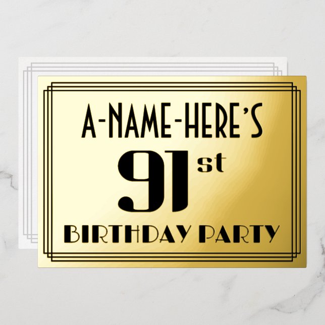 91st Birthday Party: Art Deco Look “91” and Name (Front/Back)