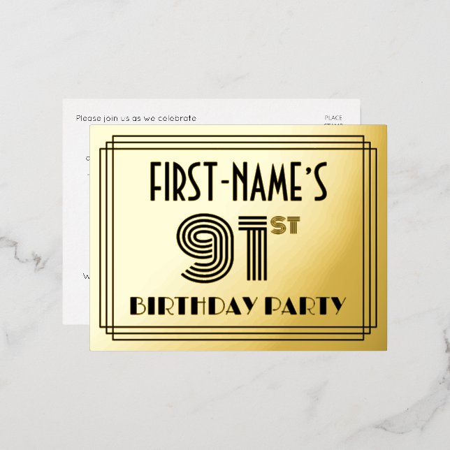 91st Birthday Party ~ Art Deco Style “91” + Name Foil Invitation Postcard (Front/Back)