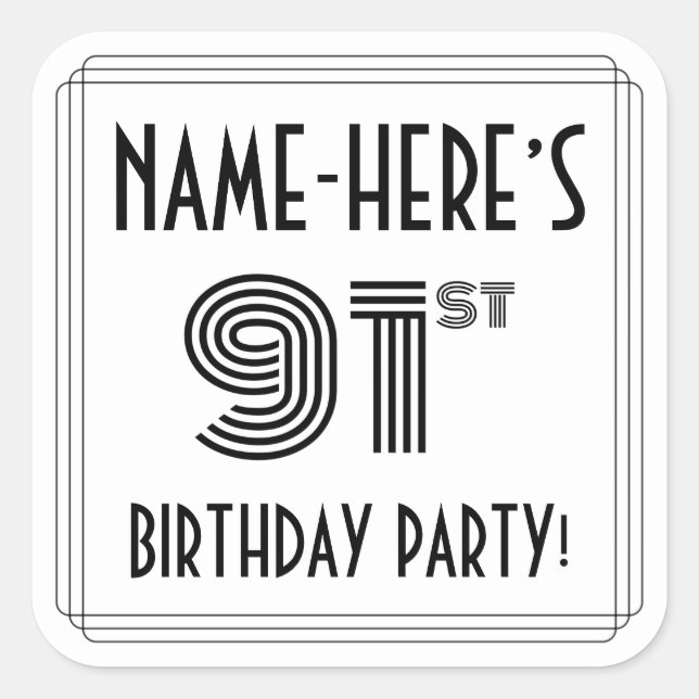 91st Birthday Party: Art Deco Style + Custom Name Square Sticker (Front)