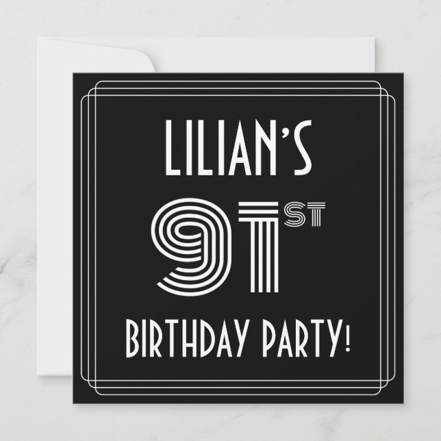 91st Birthday Party: Art Deco Style w/ Custom Name Invitation (Front)