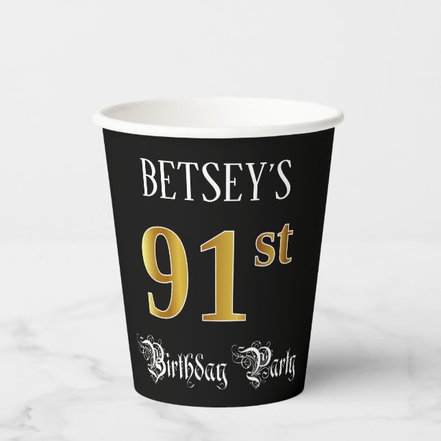 91st Birthday Party — Fancy Script, Faux Gold Look Paper Cups (Front)