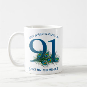 91st Birthday Peacock Feather Customizable Coffee Mug