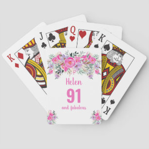 91st  birthday pink floral playing cards