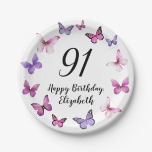 91st Birthday Pink Purple Butterflies Paper Plate
