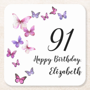 91st Birthday Pink Purple Butterflies  Square Paper Coaster