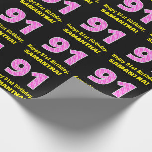 91st Birthday: Pink Stripes and Hearts "91" + Name Wrapping Paper