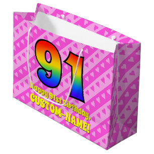 91st Birthday: Pink Stripes & Hearts, Rainbow # 91 Large Gift Bag