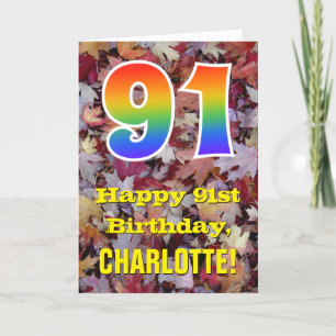91st Birthday; Rustic Autumn Leaves; Rainbow "91" Card