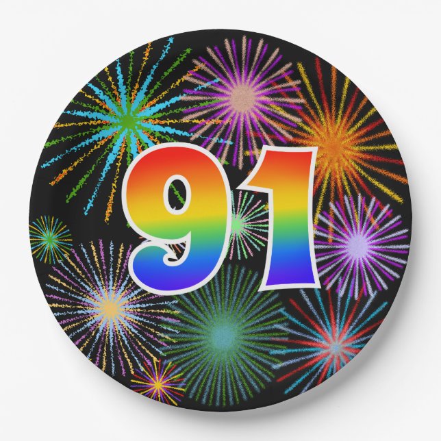 91st Event - Fun, Colourful, Bold, Rainbow 91 Paper Plate (Front)