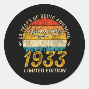 92 Year Old Bday 1933 Awesome 92nd Birthday Gift Classic Round Sticker