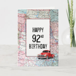 92e anniversaire Camion rouge Retro sur la carte