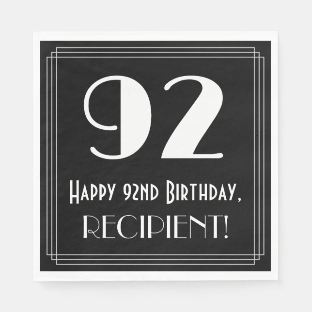 92nd Birthday ~ Art Deco Inspired Look "92", Name Napkin (Front)