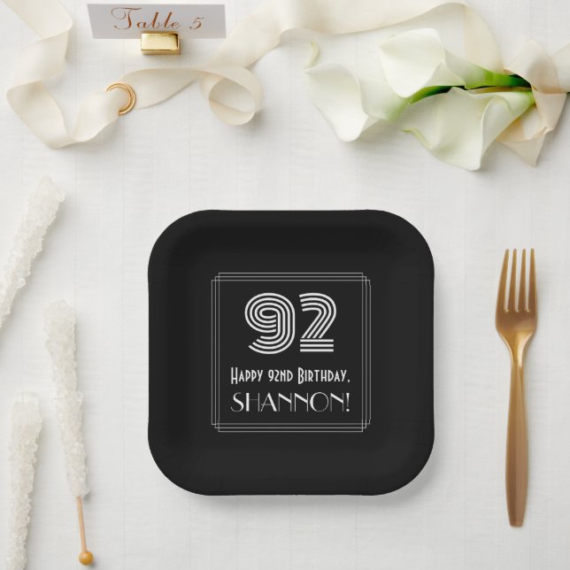 92nd Birthday — Art Deco Inspired Look “92” + Name Paper Plate (Wedding)