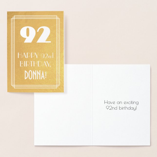 92nd Birthday ~ Art Deco Style "92" & Custom Name Foil Card (Display)