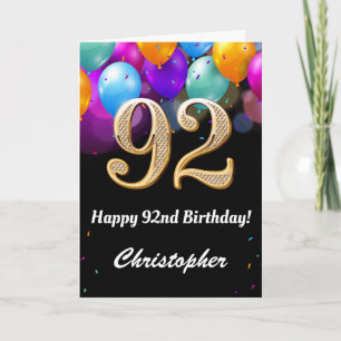 92nd Birthday Black and Gold Colourful Balloons Card