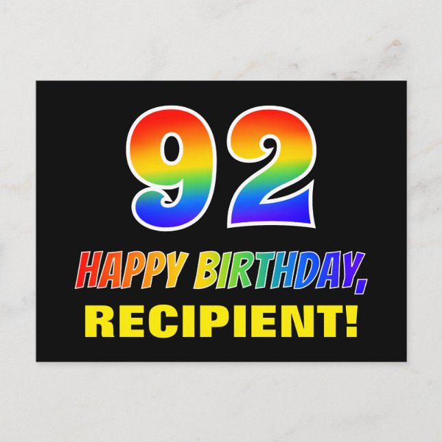 92nd Birthday: Bold, Fun, Simple, Rainbow 92 Postcard (Front)