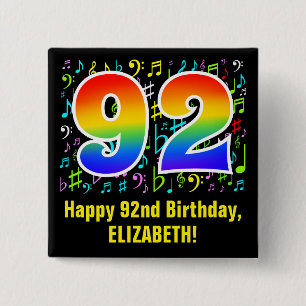 92nd Birthday: Colorful Music Symbols, Rainbow 92 2 Inch Square Button