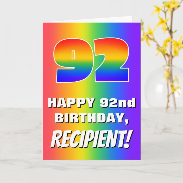 92nd Birthday: Colourful, Fun Rainbow Pattern # 92 Card (Yellow Flower)