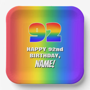 92nd Birthday: Colourful, Fun Rainbow Pattern # 92 Paper Plate