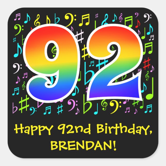92nd Birthday: Colourful Music Symbols, Rainbow 92 Square Sticker (Front)