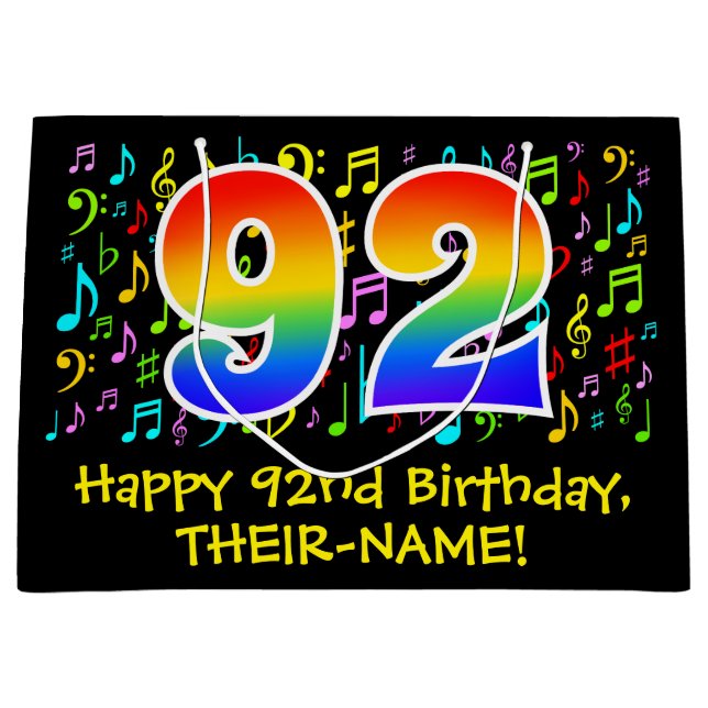 92nd Birthday - Colourful Music Symbols, Rainbow 9 Large Gift Bag (Front)