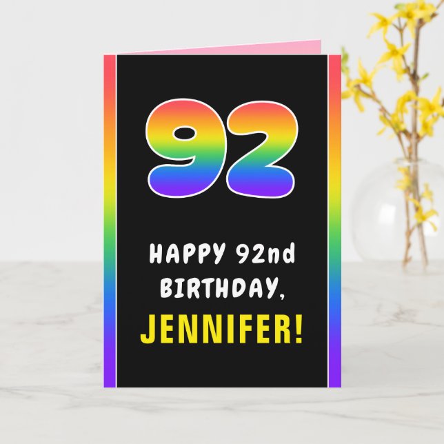 92nd Birthday: Colourful Rainbow # 92, Custom Name Card (Yellow Flower)