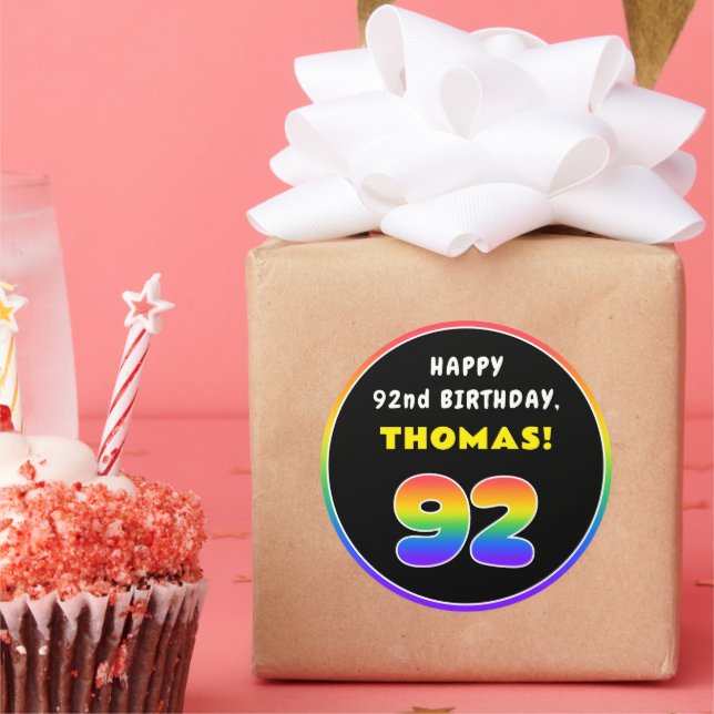 92nd Birthday: Colourful Rainbow # 92, Custom Name Classic Round Sticker (Party)