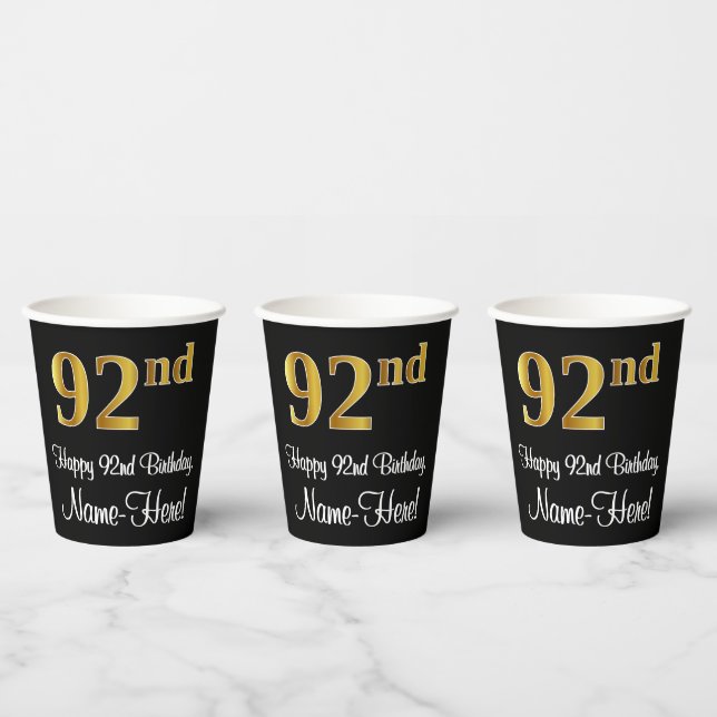 92nd Birthday - Elegant Luxurious Faux Gold Look # Paper Cups (Multi)