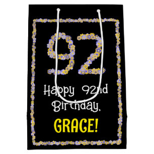 92nd Birthday: Floral Flowers Number, Custom Name Medium Gift Bag