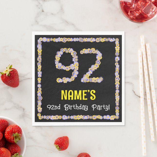 92nd Birthday: Floral Flowers Number, Custom Name Napkin (Insitu)