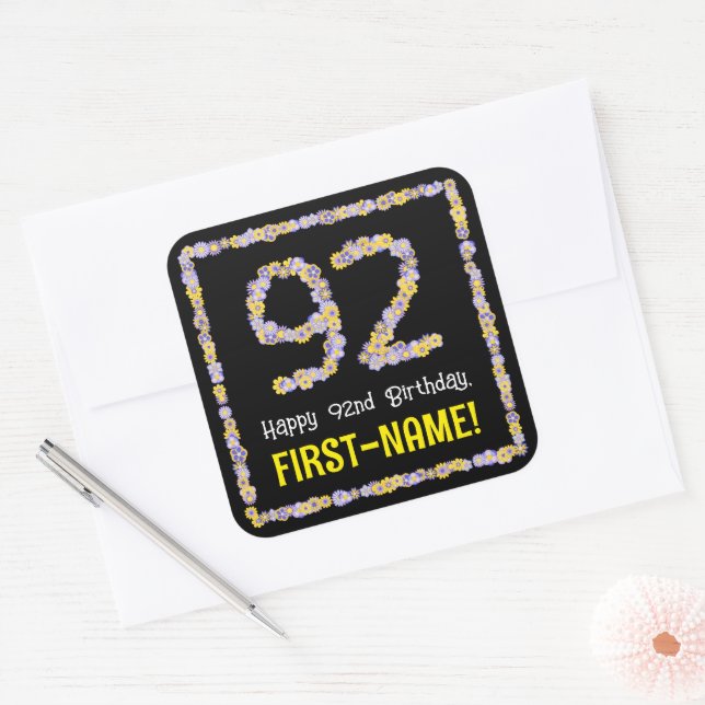 92nd Birthday: Floral Flowers Number, Custom Name Square Sticker (Envelope)