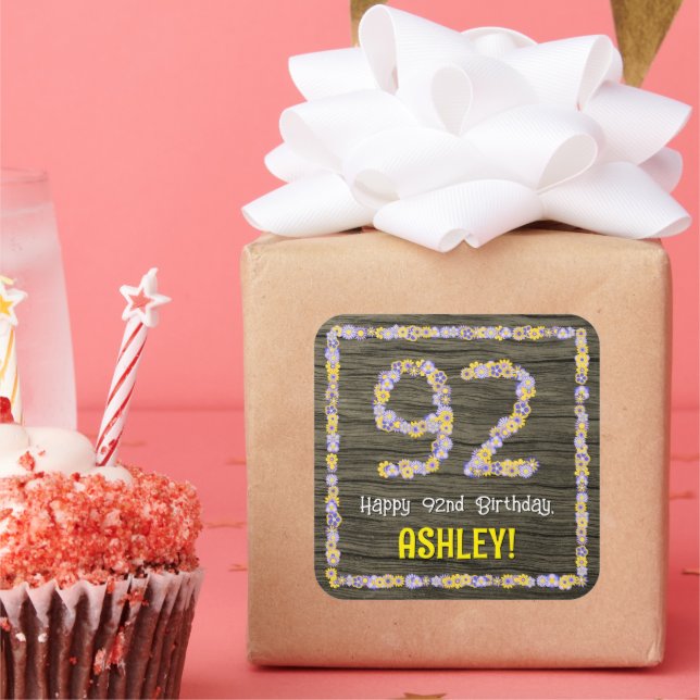 92nd Birthday: Floral Number, Faux Wood Look, Name Square Sticker (Party)