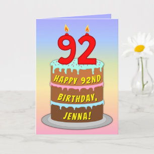 92nd Birthday — Fun Cake & Candles, w/ Custom Name Card