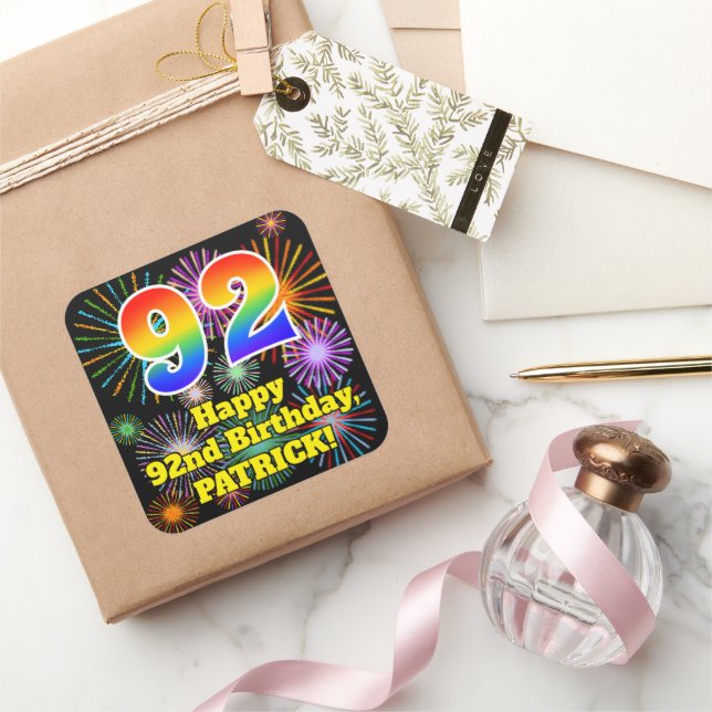92nd Birthday: Fun Fireworks Look, Rainbow # 92 Square Sticker (Gifting)