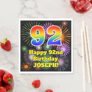 92nd Birthday: Fun Fireworks Pattern + Rainbow 92 Napkin