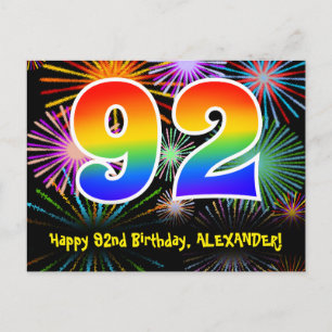 92nd Birthday – Fun Fireworks Pattern + Rainbow 92 Postcard