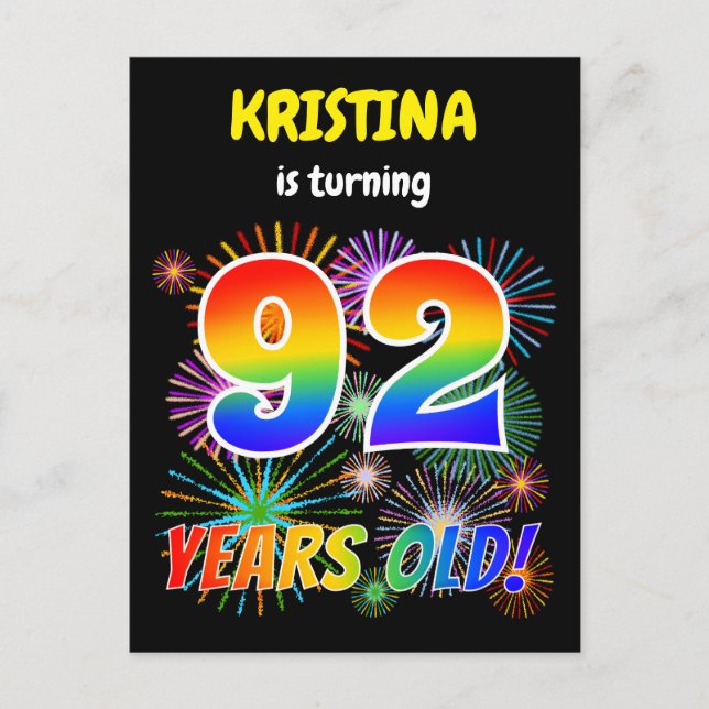 92nd Birthday - Fun Fireworks, Rainbow Look "92" Postcard (Front)