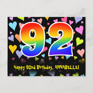92nd Birthday: Fun Hearts Pattern, Rainbow 92 Postcard