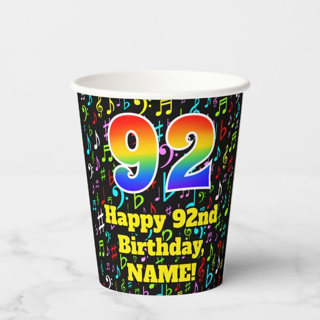 92nd Birthday: Fun Music Notes Pattern, Rainbow 92 Paper Cups (Back)