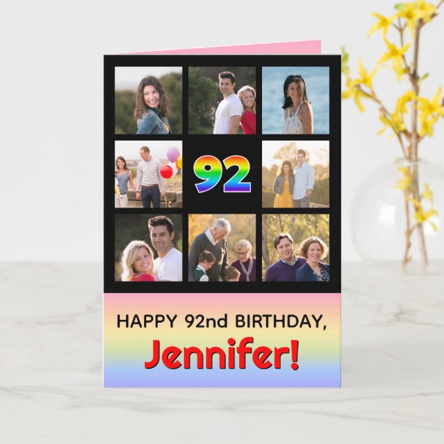 92nd Birthday: Fun Rainbow #, Custom Photos + Name Card (Yellow Flower)