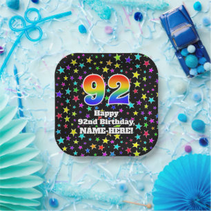 92nd Birthday: Fun Stars Pattern and Rainbow “92” Paper Plate