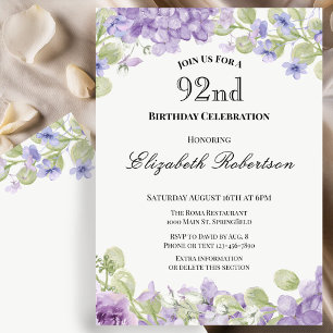 92nd Birthday Invitation Elegant Purple Floral